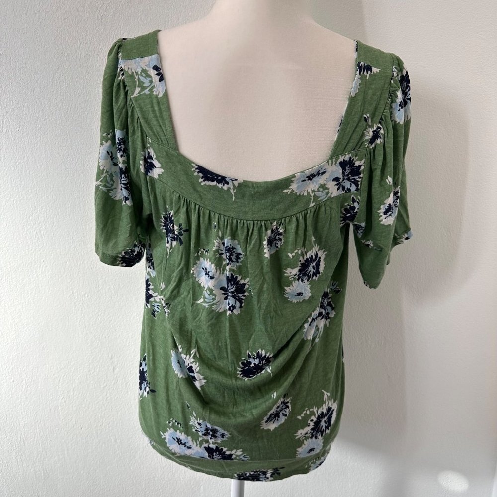 Lucky Brand Green Square Neck Floral Blouse Women Size Medium Cotton Stretch - Picture 4 of 9
